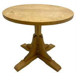 Catman - oak occasional table, circular top on cruciform base, carved with long-necked cat signature, by Chris Checkfield, Whitby