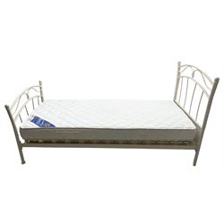 Pair of white finish wrought metal 3' single bedsteads with mattresses 