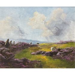 Lewis Creighton (British 1918-1996): Sheep and Heather on the Edge of the Moors, near pair oils on board signed 24cm x 29cm (2)