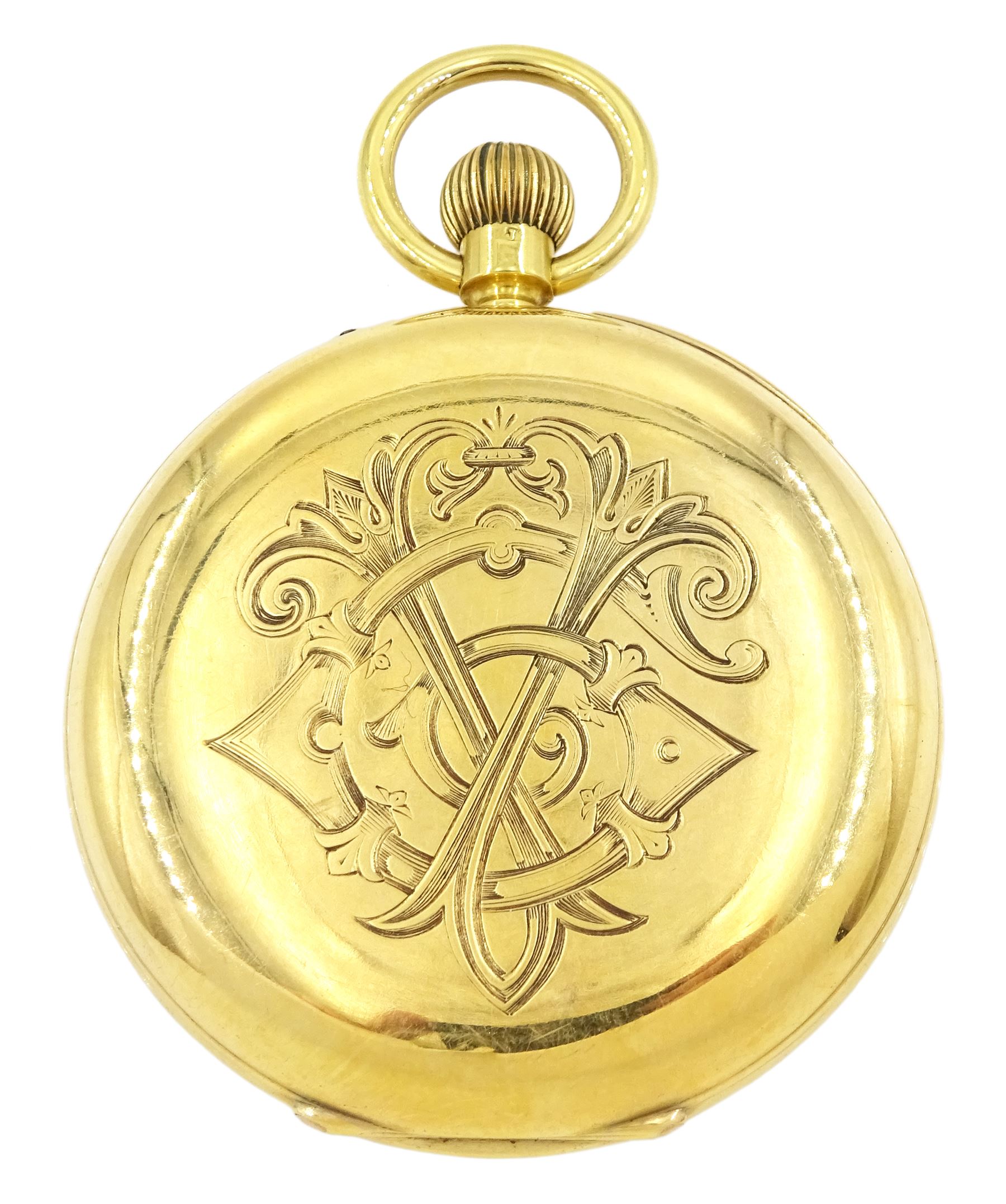 Victorian 18ct gold open face keyless lever presentation pocket watch, white enamel dial with Roman numerals and subsidiary seconds dial, back case with engraved monogrammed initials, case by Arthur Baume & Co, London 1894