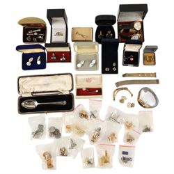 9ct gold shirt stud and opal stick pin, Sif Jakobs silver ring, silver spoon and a collect...
