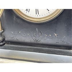 Victorian black slate and marble mantel clock, circular Roman dial enclosed by two marble pilasters, decorative engraving, twin train movement striking the hours and half on coil