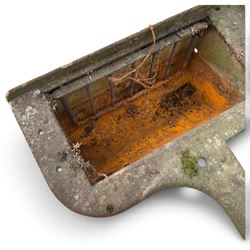 Large Victorian cast iron double-compartment corner stable manger, incorporating a barred feed trough and water bowl