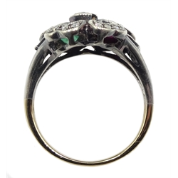 Victorian style gold and silver emerald, ruby and diamond heart design ring, with bow top