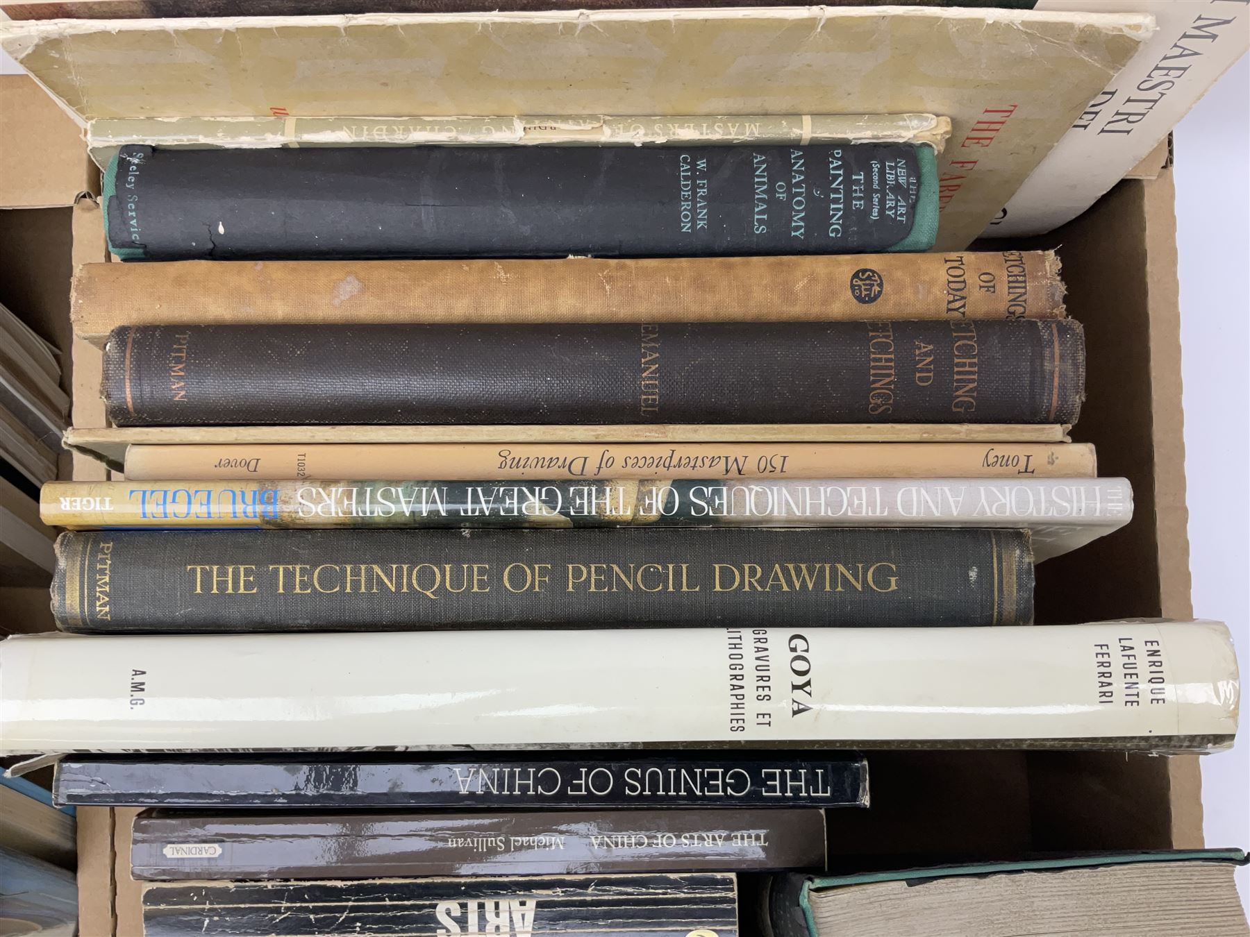 Collection of reference books, to include The art of Etching, Introduction to Chinese art, The History and Techniques of the Great Masters, Drawings of Michelangelo, etc in two boxes 