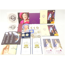  Collection of twenty-nine five pound coins, in folders, on cards and loose including three Millennium, Golden Jubilee, 90th Birthday of Queen Elizabeth the Queen Mother, two Queen Elizabeth 70th Birthday, four Golden Wedding 1997 and seven others in folders, three Queen Elizabeth the Queen Mother's 90th Birthday on cards and various other loose five pound coins    