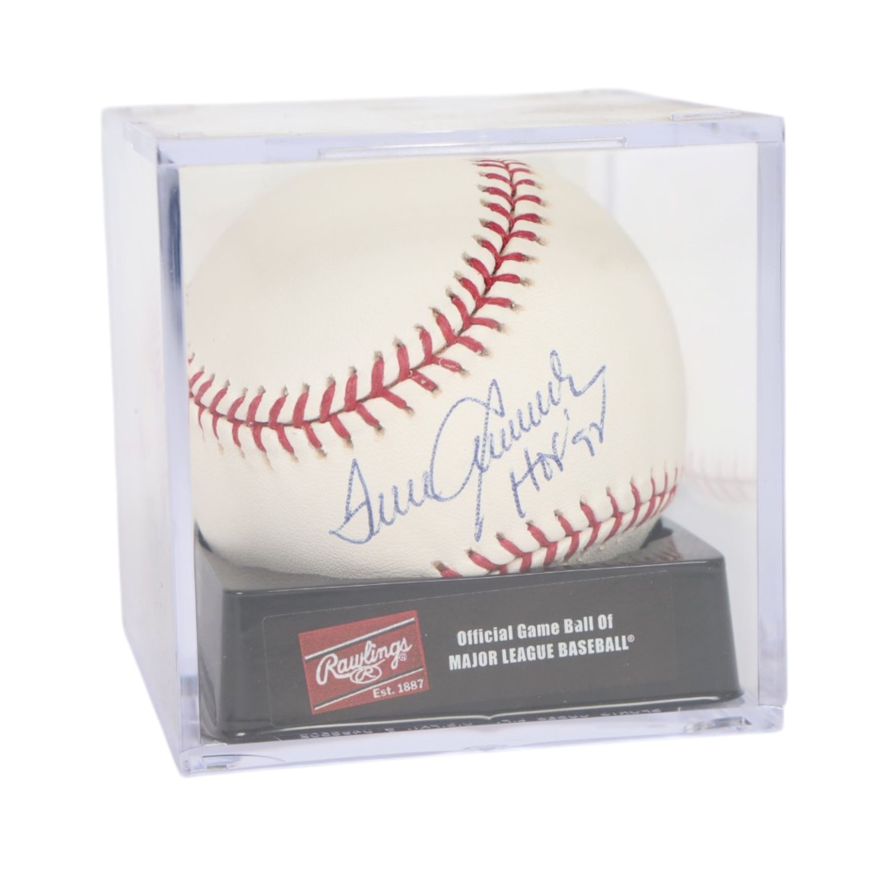 Signed Tom Seaver Rawlings baseball with HOF '92 inscription, contained within an acrylic display box, with JSA certificate of authenticity