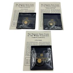 Three gold coins, from 'The Smallest Gold Coins of the World Collection', comprising China 900/1000 1 gram, China 999/1000 one twentieth of an ounce and Mexico 900/1000 one twentieth of an ounce, all with Westminster certificates (3)