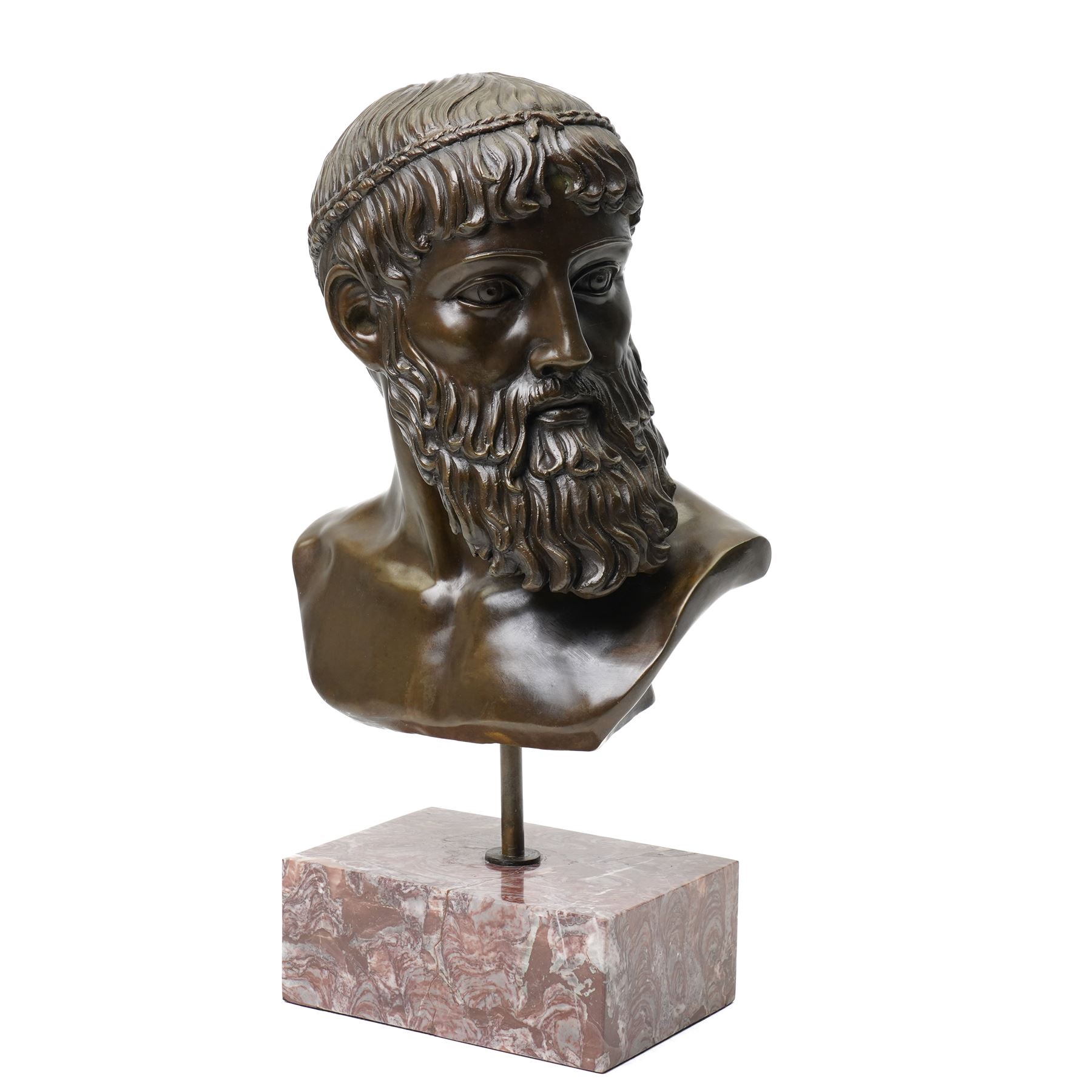 After the antique – a bronze bust modelled on the Artemision Bronze depicting the Greek god Zeus, the bearded head with intense gaze and idealised Classical features, raised on a marble plinth
Notes: the original is now held at the Archaeological Museum of Athens after being recovered from the sea off Cape Artemision, H49cm