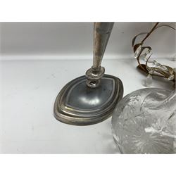 Two silver plate candelabras, together with two glass decanters, necklace and other collectables 