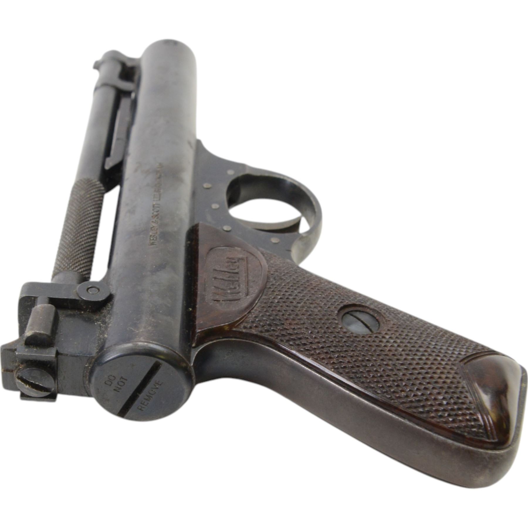 
Webley Premier .22 air pistol, batch 181, Series D with 5 pin trigger block, the air chamber marked The Webley Premier, Made in England, Webley & Scott Ltd. Birmingham, with brown checkered grip, H14cm, L19cm