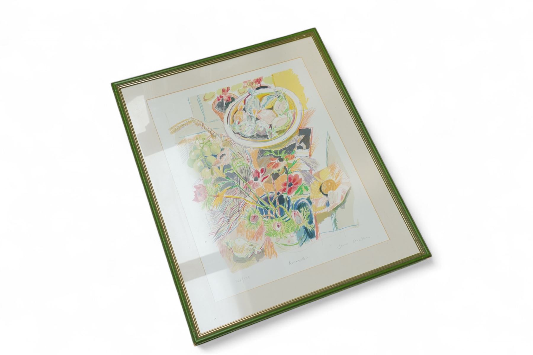 Collection of Framed Artworks, including: Jane Strother limited edition print  108/125 'Amaretti', Patrick Livingstone, 'Dying Flowers' 81.5cm x 101cm, 2 portraits, 2 caricatures, 2 landscapes and 2 prints. 