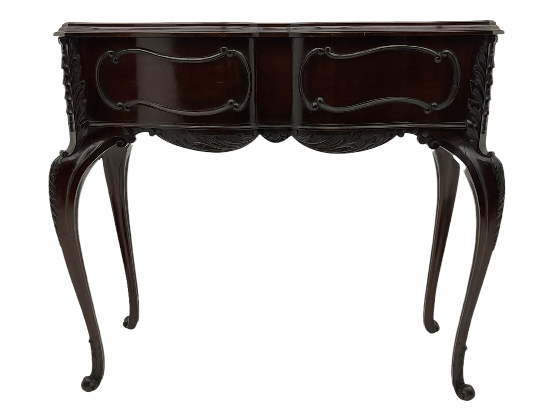 Late Victorian mahogany jardiniere planter stand, shaped form with fixed moulded top, applied c and s scroll mouldings and husks to the frieze and canted corners, acanthus carved cabriole supports with scroll carved terminals, 91cm x 37cm, H85cm