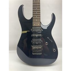 Ibanez Prestige RG1570 Mirage Blue electric guitar in black with tremolo arm, serial no.FO812696, L98.5cm; in original Ibanez fitted hard case marked Team J Craft