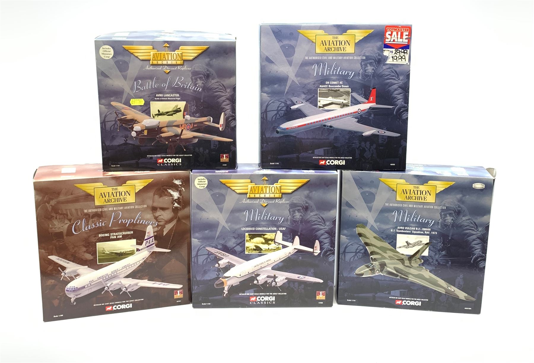 Five Corgi Aviation Archive 1/144th scale aircraft - 47301 Battle of Britain Avro Lancaster, limited edition AA31201 Military Avro Vulcan No.1657/2300 with certificate, limited edition 48505 Military DH Comet 4C No.3000/4000, 47506 Military Lockheed Constellation and 48101 Classic Propliners Boeing Stratocruiser Panm Am; all boxed