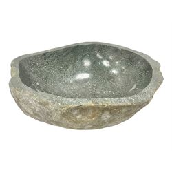 River rock carved stone bowl with polished centre, H16cm, W36cm, L47cm