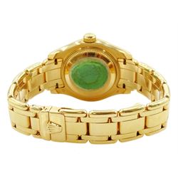 Rolex Oyster Perpetual Datejust Pearlmaster ladies 18ct gold automatic wristwatch, Ref. 69298, Serial No. T293223, champagne dial with diamond hour markers and diamond set bezel, on original 18ct Pearlmaster bracelet with fold-over clasp, with papers