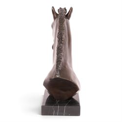  Bronze bust of a horse, upon a rectangular marble base, H33cm