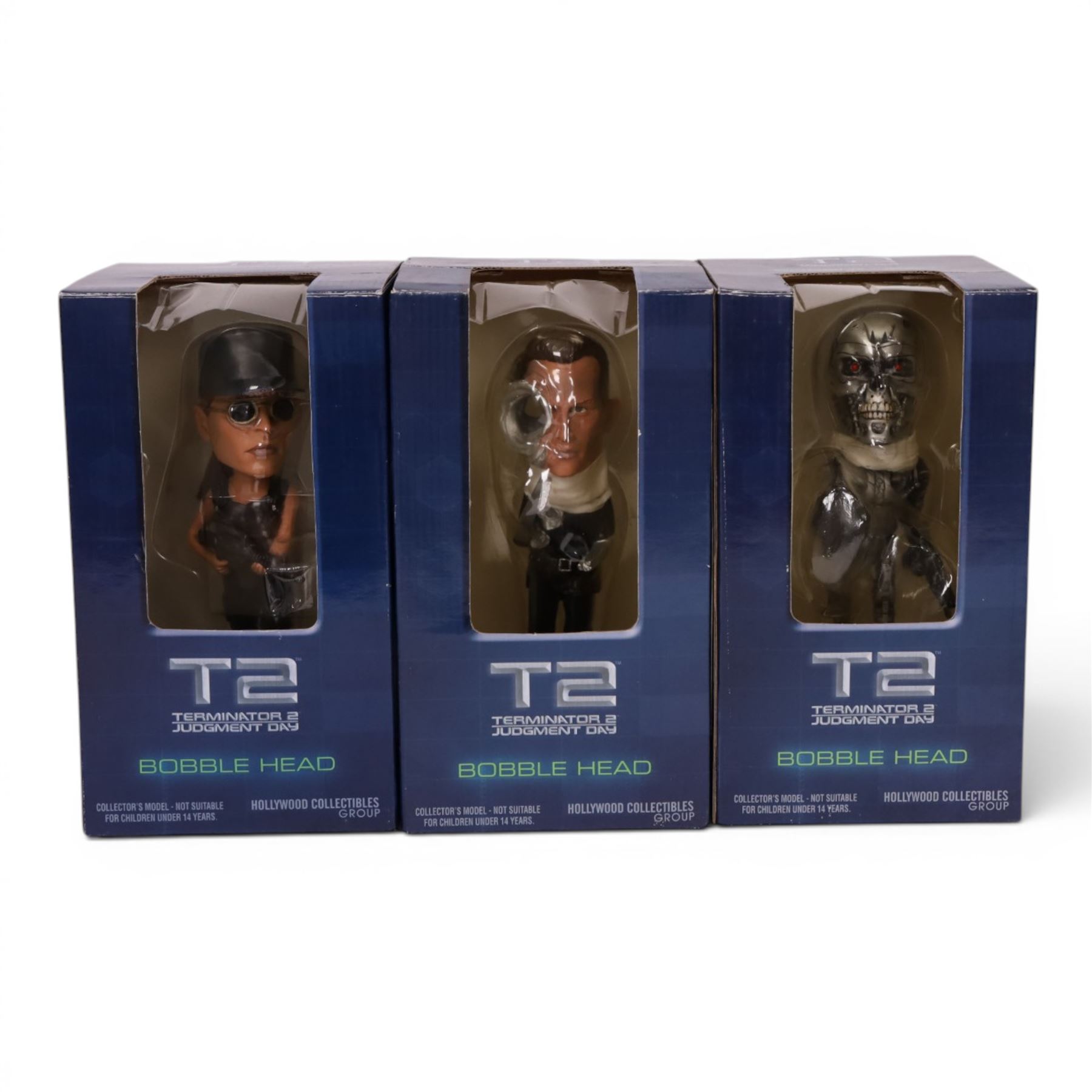 Three Hollywood Collectibles Terminator Judgement Day T-2 Bobble Heads, T-1000, Sarah Connor and Endoskeleton, all boxed