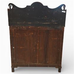 Regency simulated rosewood chiffonier, with shaped scroll supports and shell carved cresting, over a pair of panelled doors inset with diamond lattice glazing, enclosing a shelved interior, raised on short turned feet