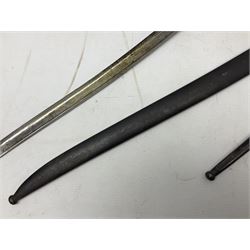 French Model 1866 Chassepot bayonet with 57cm curving fullered steel blade dated 1873 No.L63963; in steel scabbard with conforming number L71.5cm overall; and French St. Etienne Gras bayonet dated 1878 No.K10674 in steel scabbard numbered 79437 (2)
