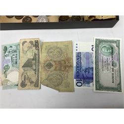 Great British and World coins and banknotes, including pre-decimal coinage, Britain's first decimal coins sets in blue folders, silver one yen coin converted into a brooch, commemorative crowns etc