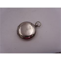 Victorian silver full hunter lever pocket watch, hallmarked John Hammon, London 1876, together with a Victorian silver Chronograph pocket watch, with personal engraving to inside case,  hallmarked Leopold Bessire, Birmingham 1887, and a 1930s silver match case, with engine turned decoration and engraved initials, hallmarked Walker & Hall, Chester 1933