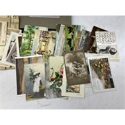 Quantity of ephemera to include Victorian and later postcards and greeting cards, photograph albums, autograph books including illustrations, crew list from Henrietta (Whitby ship), old lime quarry bill, etc