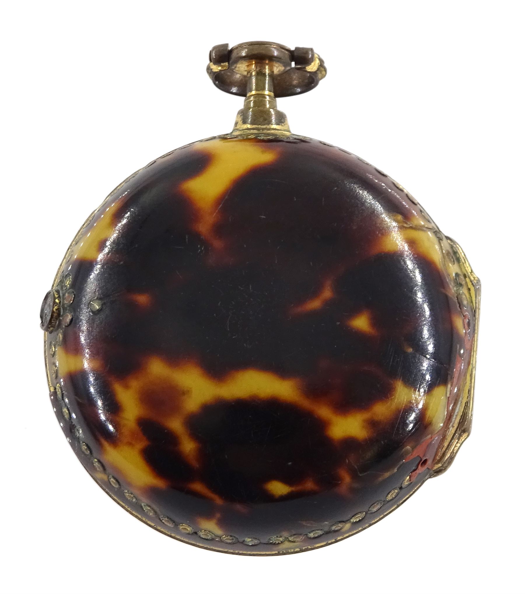 18th century gilt pair cased verge fusee pocket watch by Robert Hyland, London, No. 13345, round baluster pillars, pierced and engraved balance cock, white enamel dial with Roman hours and outer Arabic minute ring, beetle and poker hands, the outer tortoiseshell case with pique work borders