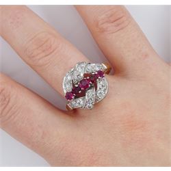 18ct gold round brilliant cut diamond and synthetic ruby crossover ring, stamped