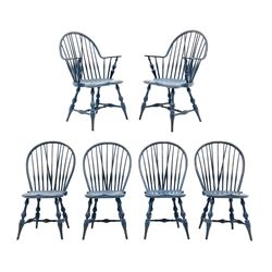 D.R. Dimes Furniture - set six American Windsor dining chairs, hoop and stick back on dished saddle seats, turned supports jointed by H stretchers, stamped underneath 'D.R.Dimes', two carvers and four side chairs
