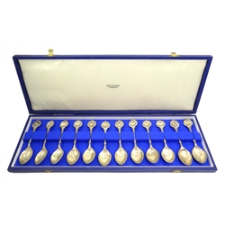  Set of twelve David Cornell silver 'Zodiac' spoons, retailed by John Pinches, in fitted case with certificate 9oz  