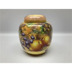 Mid/late 20th century Royal Worcester ginger jar and cover decorated by R Lewis, hand painted with a still life of fruit upon a mossy ground, signed R Lewis, with black printed mark beneath and painted shape number 2826, H17.5cm