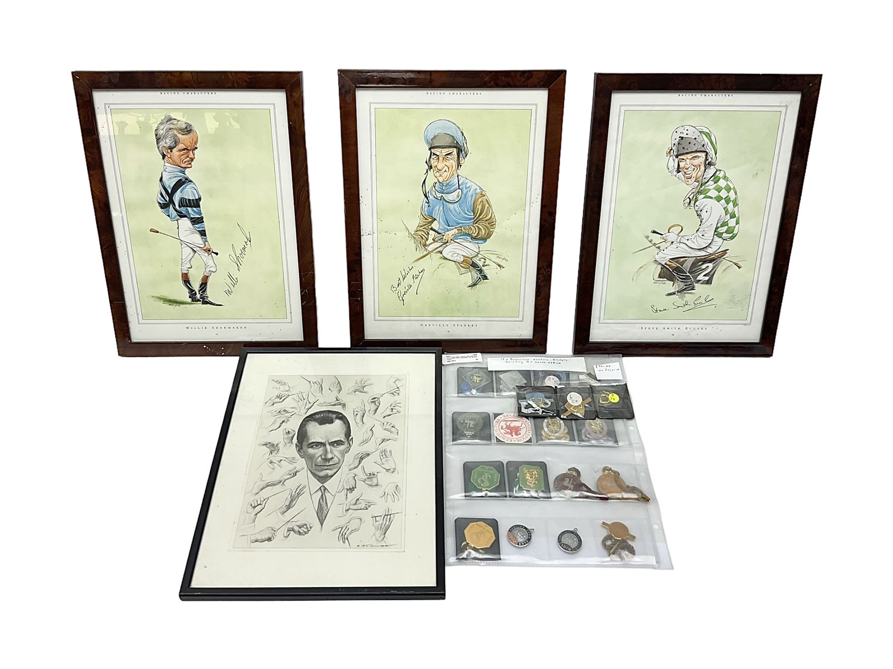 Enamel Horse racing members badges, together with three framed signed racing characters jockey prints, including Steve Smith Eccles, Willie Shoemaker and Greville Starkey, and one other print