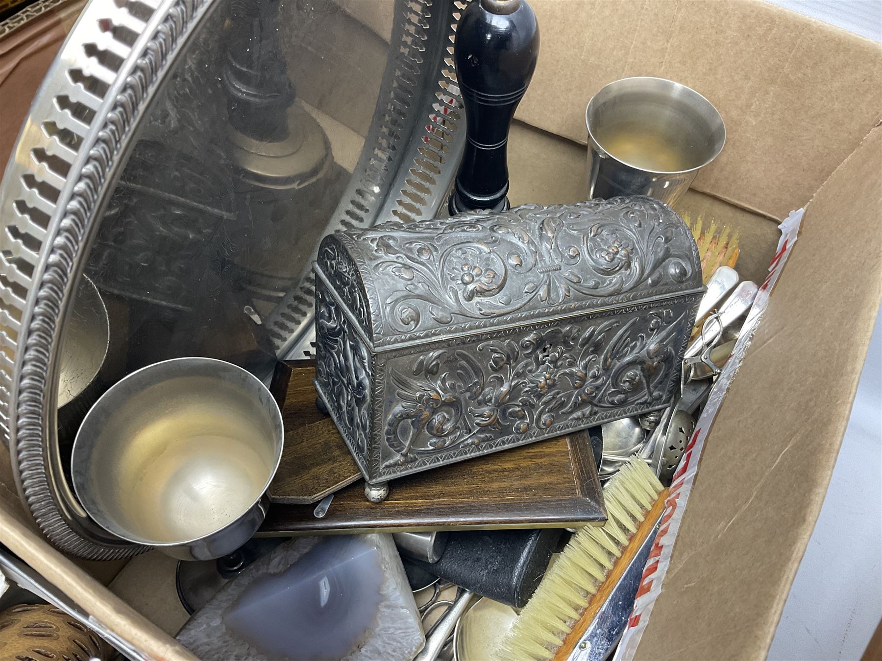 Silver plated jewellery box with foliate decoration and domed hinged lid, further silver plate and other metalware,
Icon of Mary and baby Jesus on wood, quantity of craved treen, rug etc