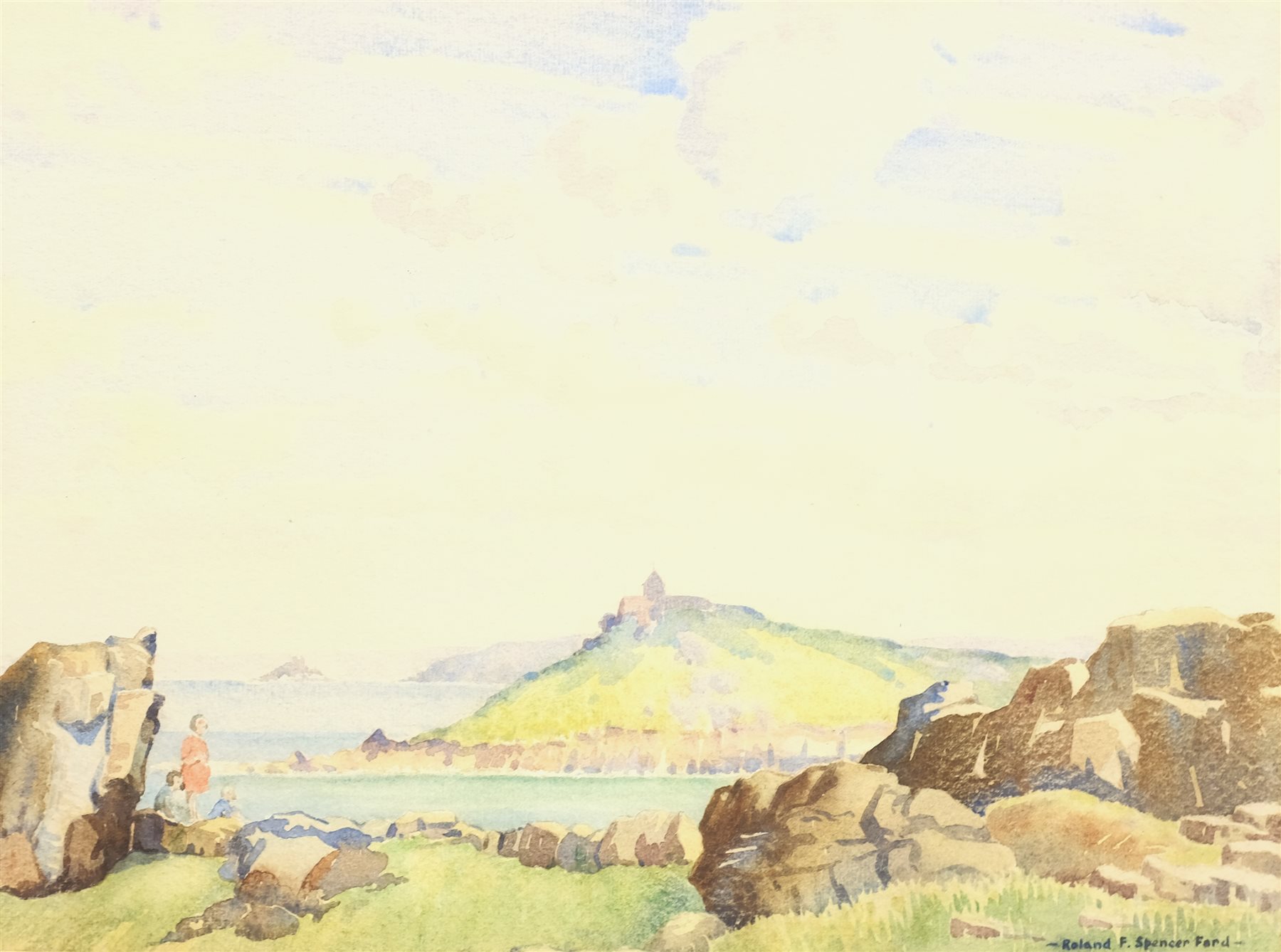 Roland F Spencer Ford (British 1902-1990): 'The Island - St Ives, Cornwall', watercolour signed, titled verso (inside the frame) on artist's Hull address label 25cm x 34cm 