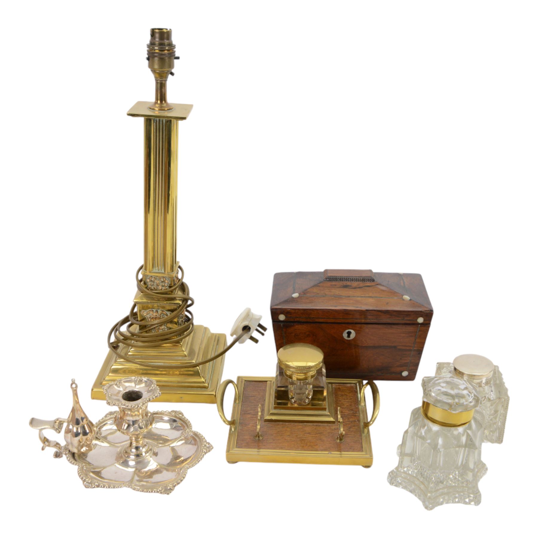 Brass and wood desk stand with inkwell and pen stand, together with silver collared inkwell, hallmark, brass table lamp in the form of a reeded column on stepped square base and 19th century rosewood tea caddy, etc lamp H45cm