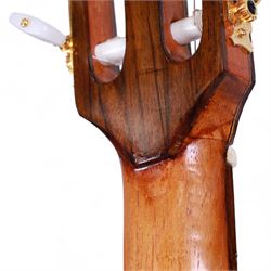 'The Moor Relic' classical guitar, with aged finish and abalone inlay, made by Geoff Hall, stringed instrument maker