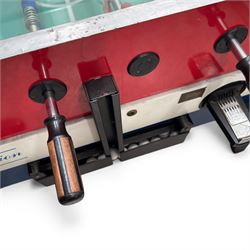 Garlando - vintage coin operated table football, tempered glass top, in red blue and white painted finish with 'Competition'  stencils, complete with ashtrays and score-trackers
