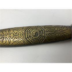 Three reproduction swords - Japanese katana and saya; Tai Chi sword with ornate scabbard; and dress sword with fullered triangular blade and horn handle (3)