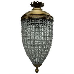 India Jane Interiors - pair of gilt metal and glass pineapple ceiling light pendants, tapered form and decorated with glass beads and pendants, foliage cast metal upper band, mounted by lower finial - ex-display/bankruptcy stock 