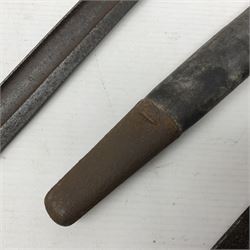 WWI Remington Pattern 1913 bayonet, the 43cm fullered blade with various marks to the ricasso including date code 11 16; in leather covered scabbard with various stamps including JWB 17 L58cm overall; and a French Model 1866 sabre bayonet (no scabbard)