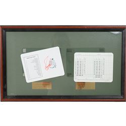 Signed golf memorabilia, to include 1988 US Masters Champion Augusta National flag, signed by Sandy Lyle, a golfing glove signed by Nick Faldo, two signed 2002 Ryder Cup prints, 1979 Masters scorecard signed by Fuzzy Zoeller displayed with a 1980 Masters scorecard signed by Seve Ballesteros, all framed, largest frame H60cm