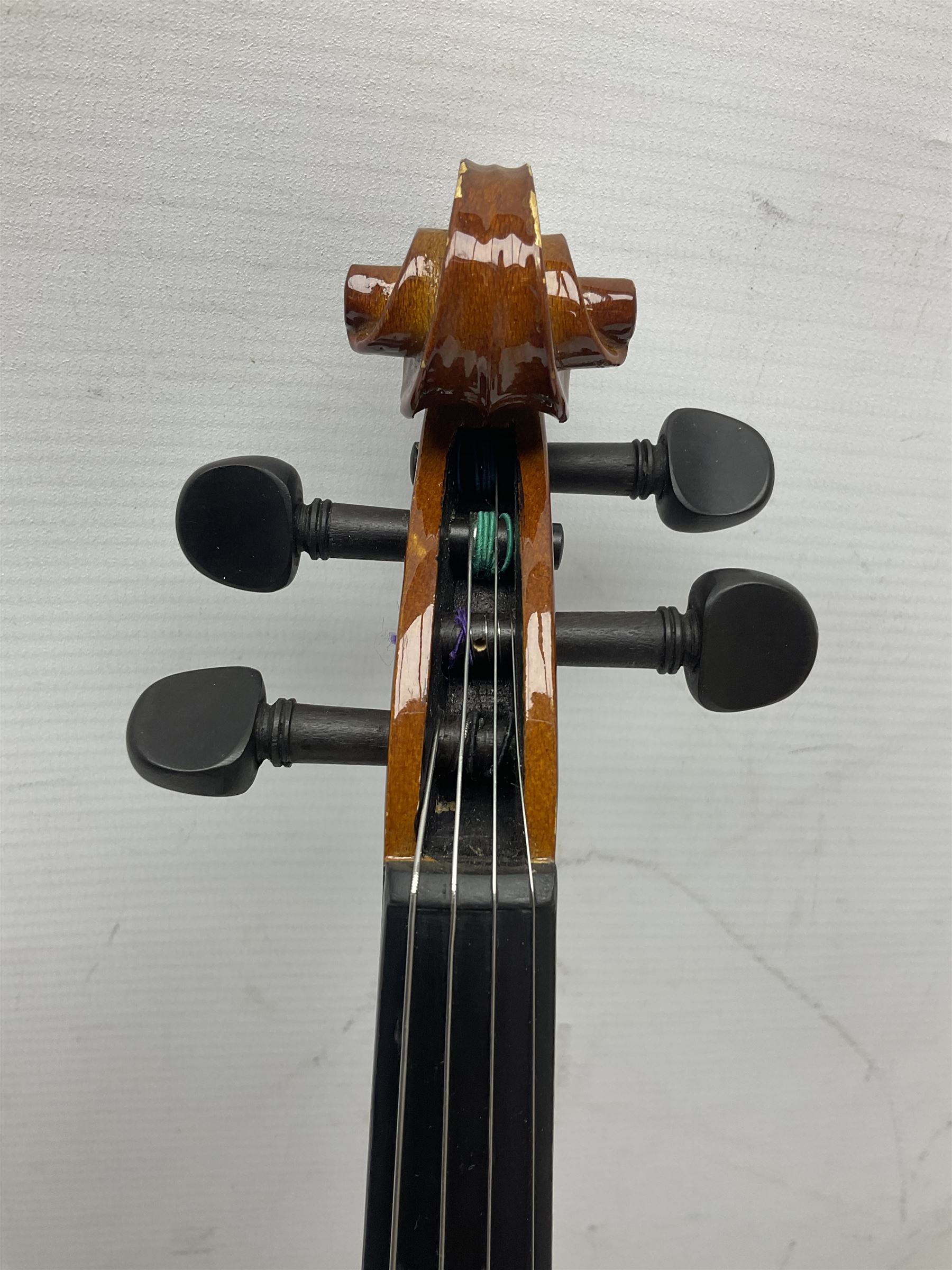 Three Stentor Student violins - three-quarter size with 33cm two-piece back; and two quarter size each with 28cm two-piece back; each in carrying case with bow (3)