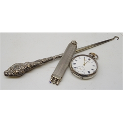  Silver-plated set of three propelling coloured pencils with glass cabochon terminals, silver handled button hook and early 20th century Omega silver open faced pocket watch retailed by Mason & Sons, Middlesbrough (3)  