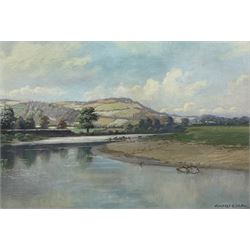 Campbell G Walker (British 20th century): River Landscape with Cattle Watering, pastel signed 44cm x 64cm