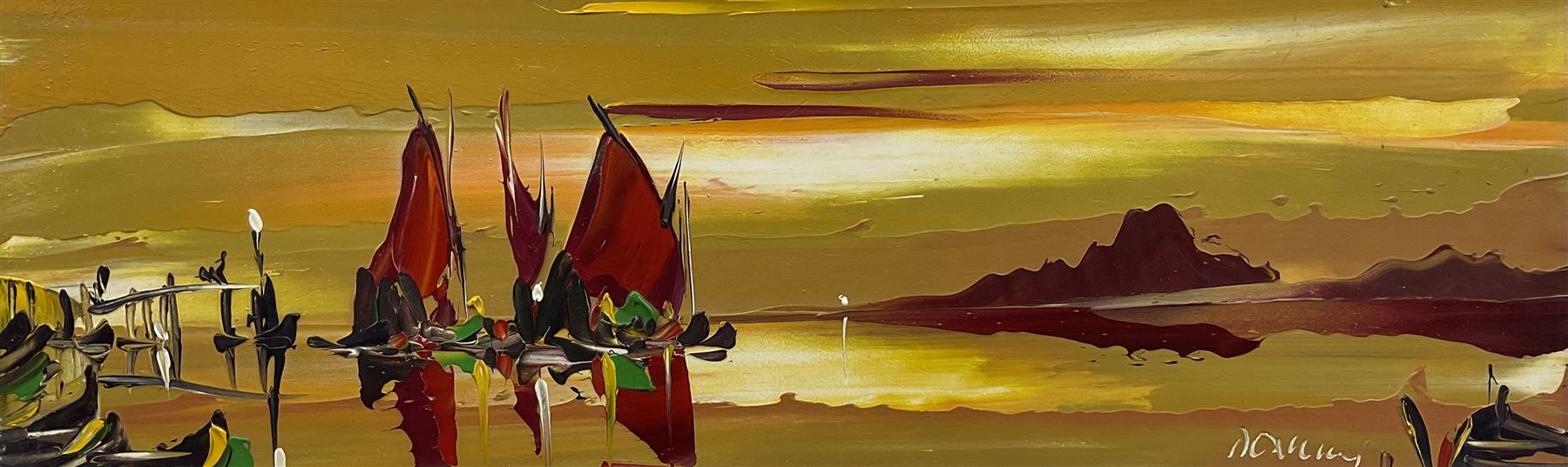 George Richard Deakins (British 1911-1982): Boats at Sunset, oil on board signed 14cm x 45cm 