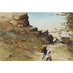 Bernard McDonald (British 1944-): Children descending to a Rocky Cove, watercolour signed 35cm x 53cm