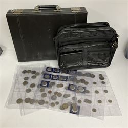 Various pre decimal coins, Queen Elizabeth II commemoratives etc, briefcase and a bag