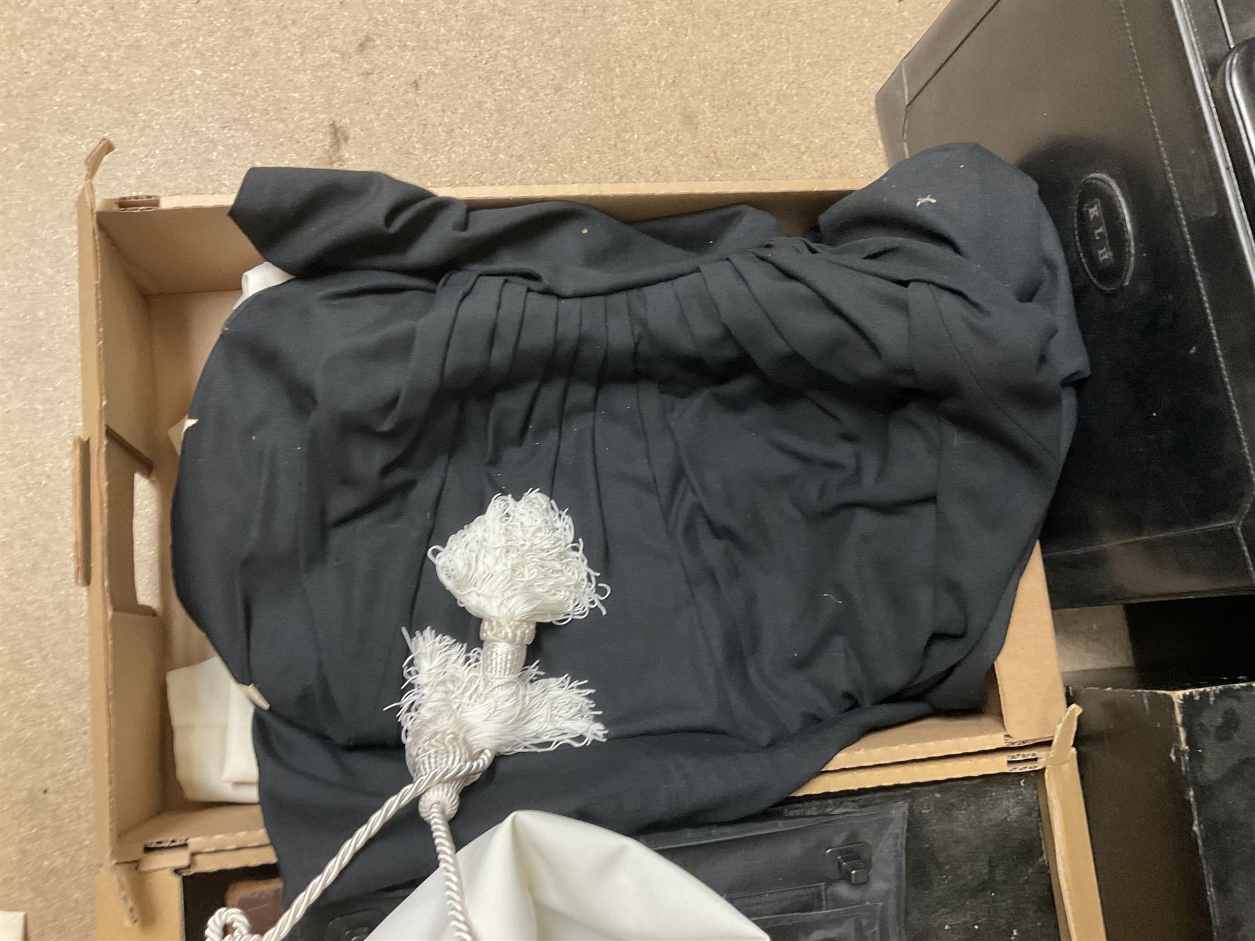 Masonic regalia, including sword, kid leather gloves and apron, Order of Holy Wisdom high priest mitre, etc, contained within briefcases and boxes 